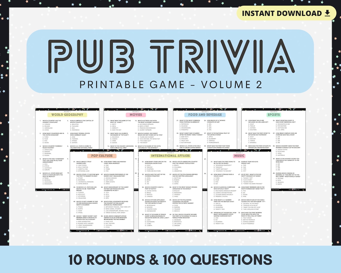 Pub Trivia Printable Game Volume 2 10 Rounds & 100 Questions. Etsy