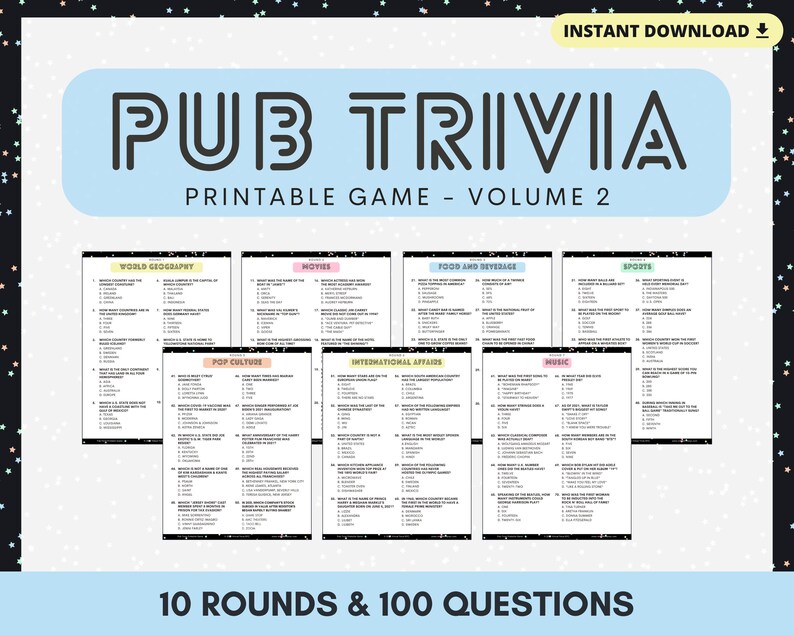 Pub Trivia Printable Game Volume 2 10 Rounds &amp; 100 Questions. - Etsy