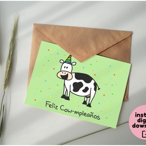 Birthday Cow Printable Card “Feliz Cow-mpleanos” Feliz Cumpleaños | Digital Download
