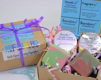 Self-Care Swag Sampler - Spa Gift Set Travel Mini Size Luxurious Vegan Palm-Free Oat Milk Soap Shea Cocoa Butter Crack Cream Soy Wax Melt