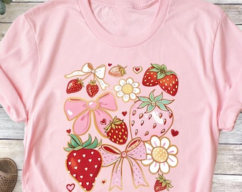 Cute Strawberry T-Shirt with Bows & Flowers, Aesthetic Graphic Tee for Women, Cottagecore Summer Shirt, Kawaii Fruit Fashion, Summer Shirt
