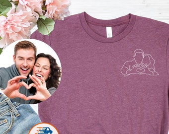 Portrait from Photo T-shirt, Custom Photo pocket Shirts, Couples Outline Photo Tees,Honeymoon Gift for Him,for her,Personalized Family Photo