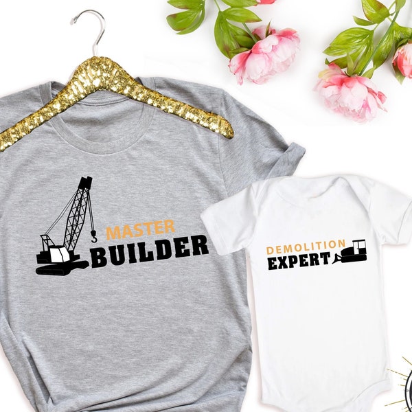 Master Builder Demolition Expert Father Son Matching Shirt Set, Funny Construction Shirts for Daddy and Me, Dad Gift, Father and Son Gift