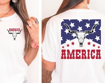 Western Cowgirl Skull T-Shirt: America Flag Bull, 4th of July Tee