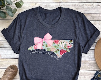North Carolina Floral Map Tee: NC Home State Travel Shirt