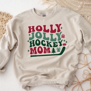 Holly Jolly Hockey Mom Sweatshirt, Christmas Hockey Sweater, Hockey Lover Gift, Christmas Sports Hoodie, Christmas Gift, Hockey Mom Hoodie