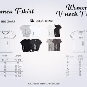 May include: A graphic showing size and color charts for Women's T-shirts and V-neck T-shirts. The size chart includes measurements in inches for width and length, ranging from S to 3XL. Color options include black, white, and various shades of gray.