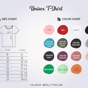 May include: A white graphic showing a size chart and color chart for a unisex t-shirt. The size chart shows measurements in inches, with sizes ranging from XS to 4XL. The color chart displays various colors, including pink, red, and black.