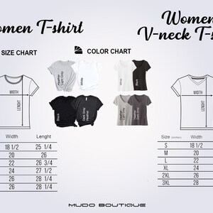 May include: Size chart for women's t-shirts and v-neck t-shirts. The chart shows the width and length measurements in inches for sizes S, M, L, XL, 2XL, and 3XL.