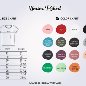 Op de afbeelding: Een witte afbeelding met een maattabel en een kleurentabel voor een unisex T-shirt. De maattabel toont afmetingen in inches, met maten vari&euml;rend van XS tot 4XL. De kleurentabel toont verschillende kleuren, waaronder roze, rood en zwart.