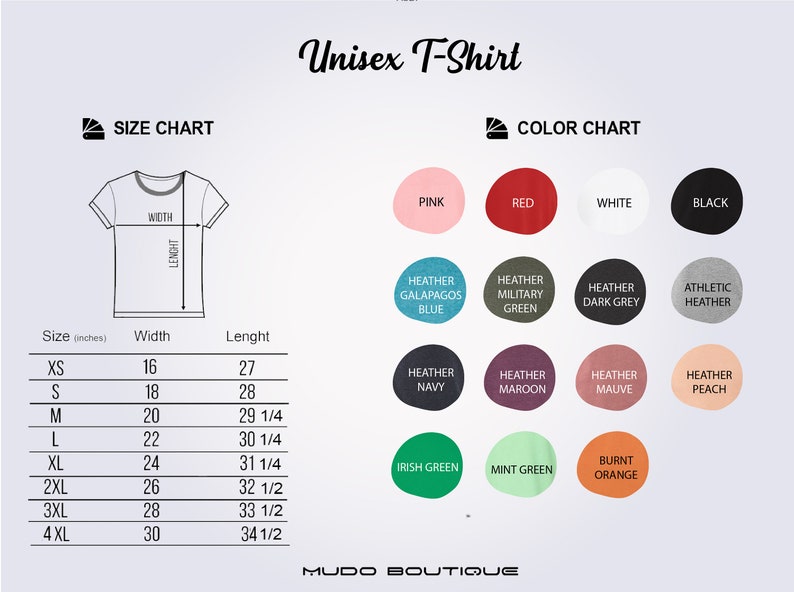 Op de afbeelding: Een witte afbeelding met een maattabel en een kleurentabel voor een unisex T-shirt. De maattabel toont afmetingen in inches, met maten vari&euml;rend van XS tot 4XL. De kleurentabel toont verschillende kleuren, waaronder roze, rood en zwart.