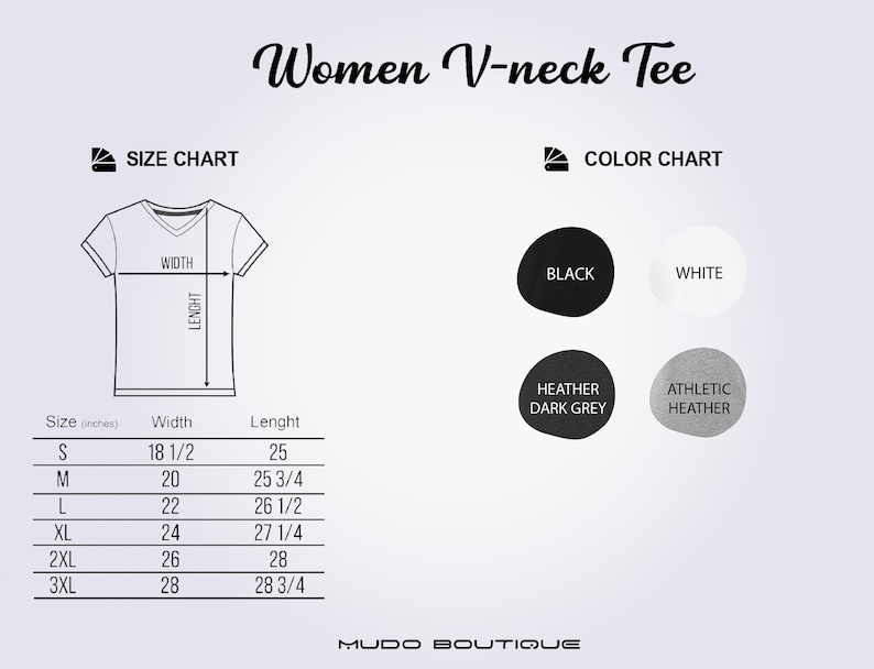 Op de afbeelding: Afbeelding van een maat- en kleurentabel voor een V-hals T-shirt voor dames. De maattabel toont de afmetingen in inches voor de maten S tot en met 3XL. Kleuropties zijn zwart, wit, heather donkergrijs en athletic heather.