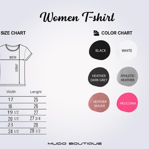 Op de afbeelding: Een maattabel voor dames-T-shirts met afmetingen in inches. De tabel bevat maten S tot en met 3XL, met bijbehorende breedtes en lengtes. Een kleurenkaart toont de beschikbare kleuren: zwart, wit, heather dark grey, athletic heather, heather mauve en heliconia.