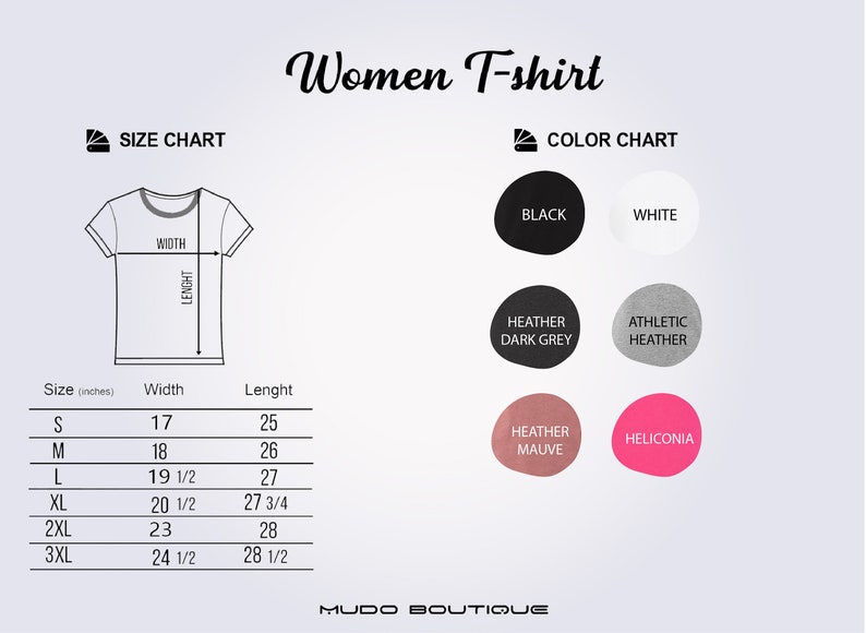 Op de afbeelding: Een maattabel voor dames-T-shirts met afmetingen in inches. De tabel bevat maten S tot en met 3XL, met bijbehorende breedtes en lengtes. Een kleurenkaart toont de beschikbare kleuren: zwart, wit, heather dark grey, athletic heather, heather mauve en heliconia.
