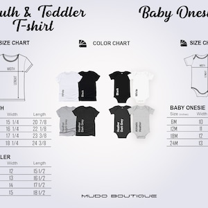 Pode incluir: Tabela de tamanhos para camisetas infantis e de beb&ecirc; e macac&otilde;es para beb&ecirc;s. A tabela mostra os tamanhos em polegadas e inclui as medidas de largura e comprimento. A tabela de cores mostra as cores dispon&iacute;veis: branco, preto, cinza claro mesclado, cinza escuro mesclado e cinza mesclado atl&eacute;tico.