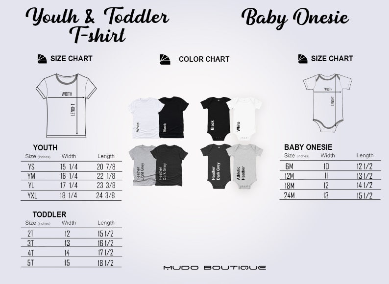 Pode incluir: Tabela de tamanhos para camisetas infantis e de beb&ecirc; e macac&otilde;es para beb&ecirc;s. A tabela mostra os tamanhos em polegadas e inclui as medidas de largura e comprimento. A tabela de cores mostra as cores dispon&iacute;veis: branco, preto, cinza claro mesclado, cinza escuro mesclado e cinza mesclado atl&eacute;tico.