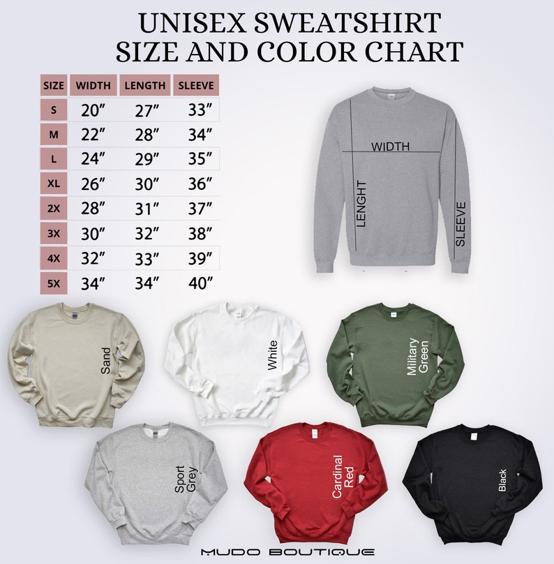 May include: A size and color chart for unisex sweatshirts. The chart displays measurements for width, length, and sleeve length in inches, ranging from size small to 5X. Color options include sand, white, military green, sport grey, cardinal red, and black.
