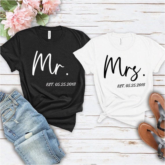 Matching Mr Mrs T-shirts, Custom Couple Shirts, Just Married Tees, Bride Tops, Wife Est 2023, Bachelorette Party, Wedding, Honeymoon Gift