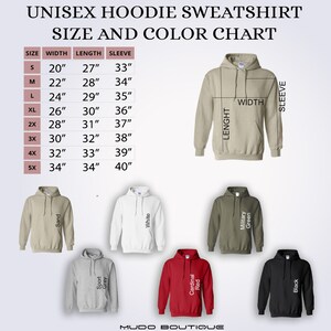 May include: A size and color chart for unisex hoodies. The chart displays measurements in inches for width, length, and sleeve length, ranging from size S to 5X. The image also shows hoodies in sand, white, military green, sport grey, cardinal red, and black.