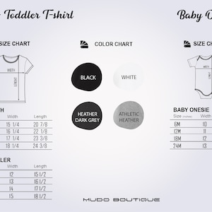 Op de afbeelding: Maat- en kleurenschema's voor t-shirts voor jongeren, peuters en babyrompers. Het kleurenschema toont zwart, wit, heather donkergrijs en athletic heather. De maattabellen tonen de afmetingen in inches.