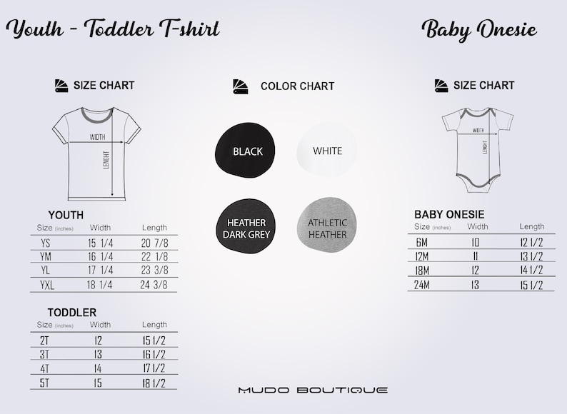 Op de afbeelding: Maat- en kleurenschema's voor t-shirts voor jongeren, peuters en babyrompers. Het kleurenschema toont zwart, wit, heather donkergrijs en athletic heather. De maattabellen tonen de afmetingen in inches.