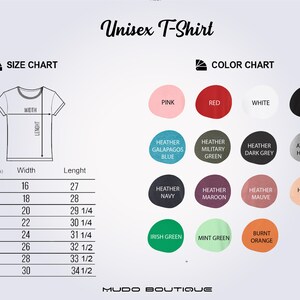 Puede incluir: Tabla de tallas para camiseta unisex con medidas en pulgadas y tabla de colores con 14 colores diferentes. Los colores incluyen rosa, rojo, blanco, negro, azul jaspeado Gal&aacute;pagos, verde militar jaspeado, gris oscuro jaspeado, jaspeado atl&eacute;tico, azul marino jaspeado, granate jaspeado, malva jaspeado, melocot&oacute;n jaspeado, verde irland&eacute;s, verde menta y naranja quemado.
