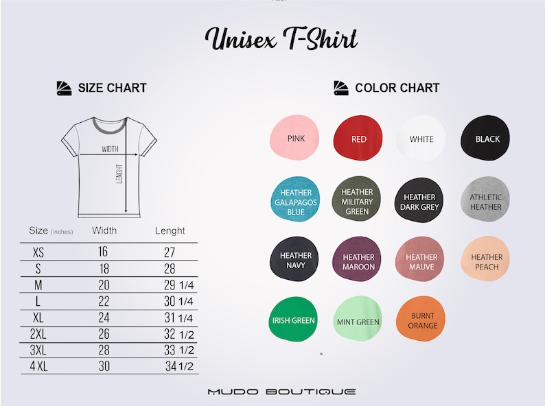 Puede incluir: Tabla de tallas para camiseta unisex con medidas en pulgadas y tabla de colores con 14 colores diferentes. Los colores incluyen rosa, rojo, blanco, negro, azul jaspeado Gal&aacute;pagos, verde militar jaspeado, gris oscuro jaspeado, jaspeado atl&eacute;tico, azul marino jaspeado, granate jaspeado, malva jaspeado, melocot&oacute;n jaspeado, verde irland&eacute;s, verde menta y naranja quemado.