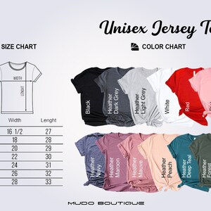 May include: A display of various colored Unisex Jersey Tees, including black, white, red, and pink. A size chart shows measurements in inches, with sizes ranging from XS to 3XL. The color chart displays a range of hues.
