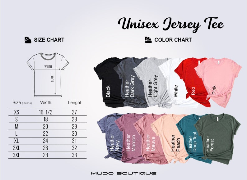 May include: A display of various colored Unisex Jersey Tees, including black, white, red, and pink. A size chart shows measurements in inches, with sizes ranging from XS to 3XL. The color chart displays a range of hues.