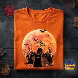 Black Cat Full Moon Halloween T-Shirt, Spooky Cats Pumpkin Patch Tee
