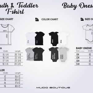 May include: A size chart for youth, toddler t-shirts, and baby onesies. The chart includes measurements in inches for width and length, along with a color chart. The text "MUDO BOUTIQUE" is at the bottom.