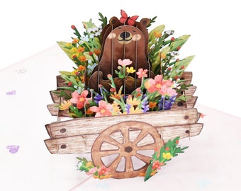 Flower Cart Bear Pop Up Card for Valentines Day, Birthday, Anniversary, Mother's Day, Any Occasions