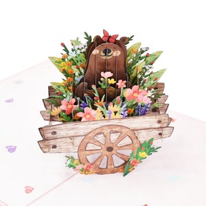 Carte pop-up Flower Cart Bear pour la Saint-Valentin, l’anniversaire, l’anniversaire, la fête des mères, toutes les occasions