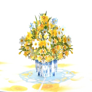 Carte pop-up fleur jonquilles pour anniversaire, fête des mères, carte printemps, pensée pour vous.