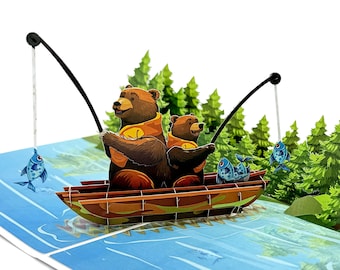 Bears Fishing on the Lake Pop-Up 3D Greeting Card, Father&#39;s Day Card, Birthday Card