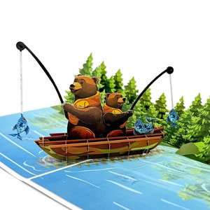 Carte de voeux pop-up 3D ours pêchant sur le lac, carte de fête des pères, carte d'anniversaire