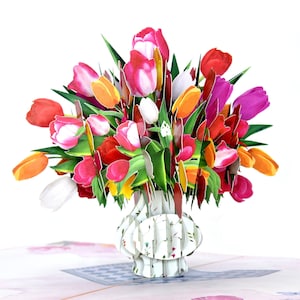 Tulipes de couleurs mélangées dans un vase, carte d'anniversaire pop-up, carte d'anniversaire, carte de printemps, carte de fête des mères, carte de pensée pour vous