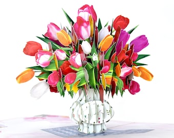 Mixed Colour Tulips in Vase Pop Up Birthday Card, Anniversary Card, Spring Card, Mother&#39;s Day Card, Thinking of You Card