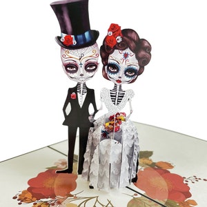 Couple de cadavres sur un parterre de fleurs, carte de mariage amusante, carte d’anniversaire, Halloween, Saint-Valentin, Jour des morts, Dia de Muertos