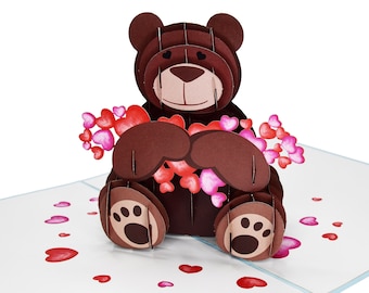 Teddy Bear Hugging Hearts Pop Up 3D Birthday Card, Anniversary Card, Valentines Day Card, Mother's Day Card, Love Card