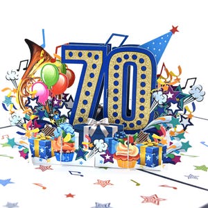 Carte du 70e anniversaire, carte d'anniversaire pop-up bleue et or, carte de joyeux anniversaire 3D