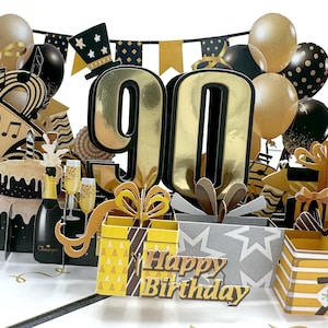 Carte de voeux pop-up joyeux 90e anniversaire (doré)