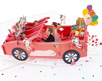Just Married Wedding Car with Newlywed Couple Pop Up Card, 3D Wedding Anniversary Card