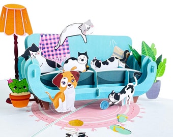 Cats on Sofa Pop Up Card, Funny 3D Greeting Card, Mother&#39;s Day Card