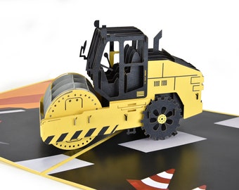 Roller truck Pop Up Card, 3D Birthday Card for Construction Workers, Architects, Kids, Fathers Day