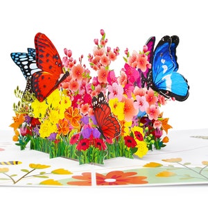 Carte pop-up papillons avec fleurs printanières, carte d'anniversaire, carte de fête des mères