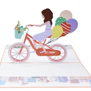 Fille à vélo Pop Up Card, carte d'anniversaire, carte de printemps, toutes les occasions