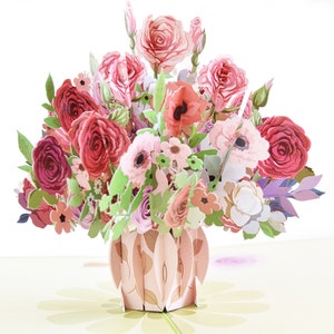 Pink Roses in Vase Valentines Pop Up Card, Mother's Day Card, Anniversary Card, Birthday Card, Spring Card