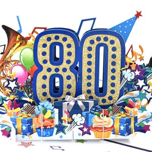 Carte de 80e anniversaire, carte pop-up Happy Brithday bleue et or