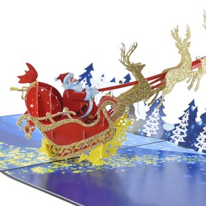 Père Noël en traîneau doré avec carte pop-up renne doré, carte de voeux de Noël 3D